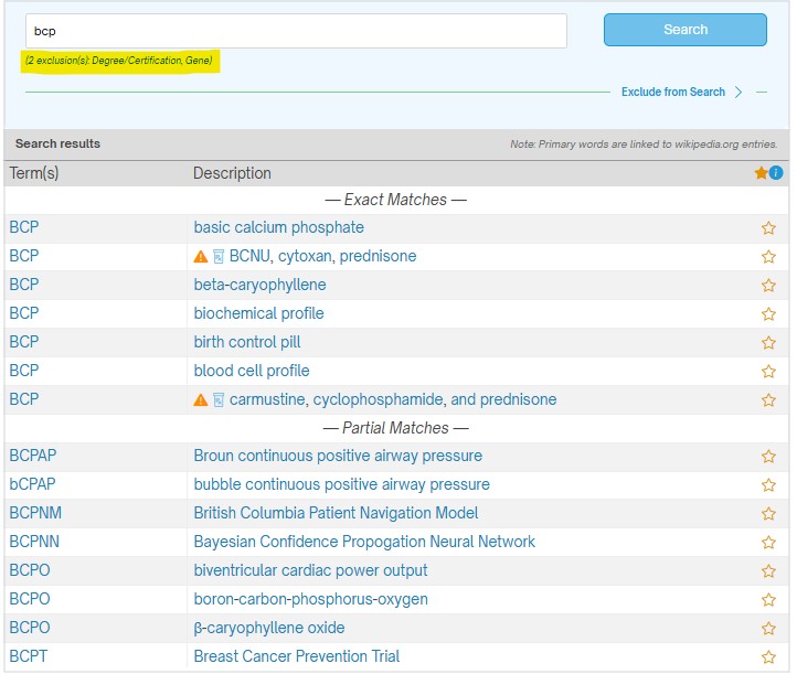 medical acronym search
